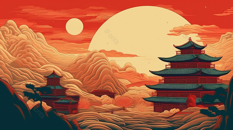 群山中的古建筑插画,插画/手绘图,插画/手绘图库,插画/手绘图下载,插画/手绘